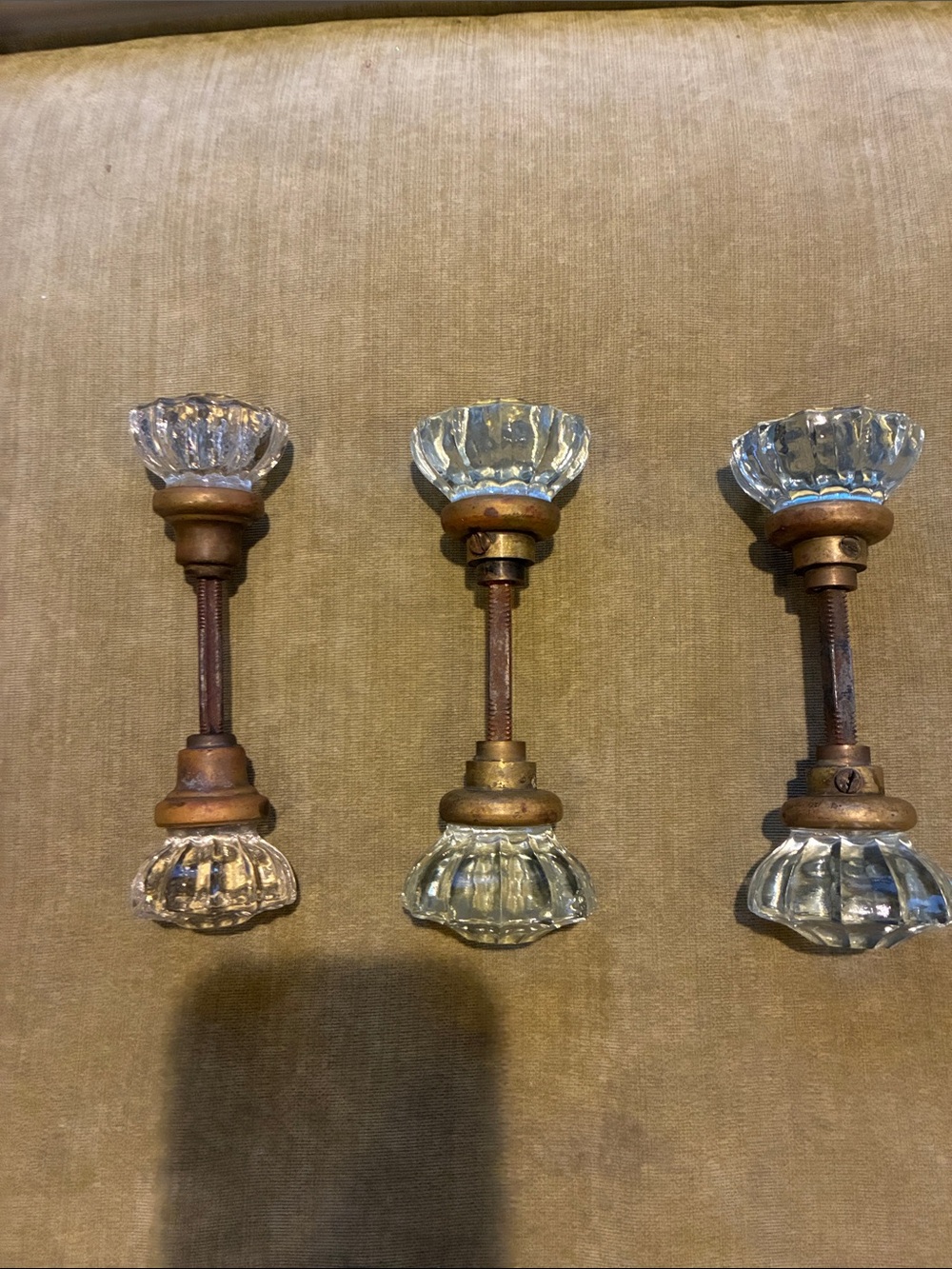 Vintage Glass and Brass Door Knob Pair in Clear Glass